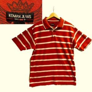 Koman Jeans Red White Striped mens polo golf shirt Size Extra Large Cotton Blend